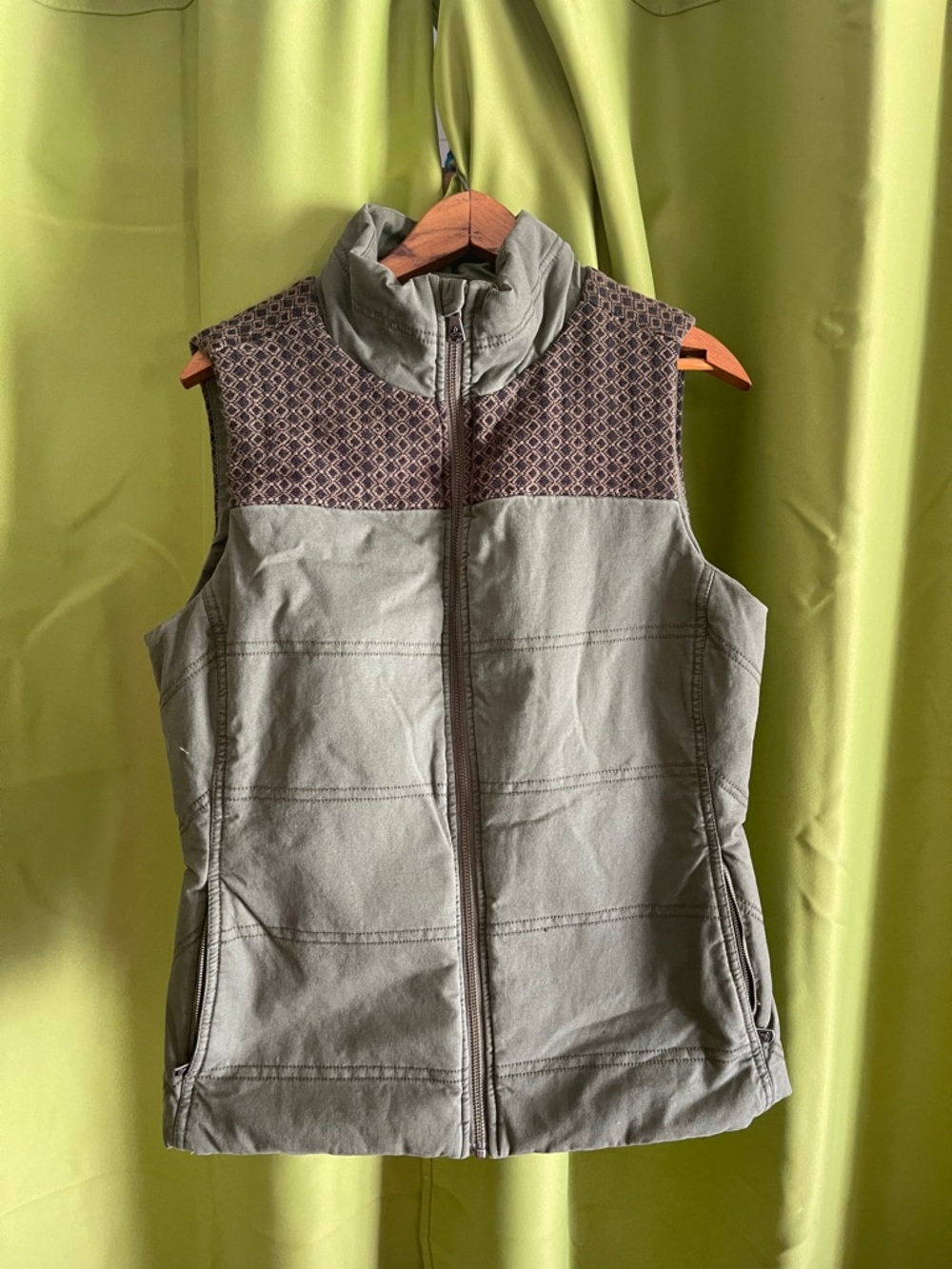 Prana Olive Green Quilted Vest with Patterned Yoke